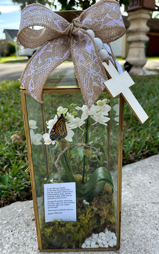 16" Gold Lantern with Orchid and Butterfly Chrysalis